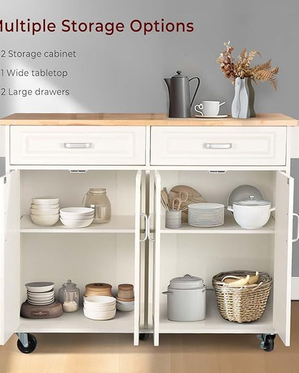 54" Rolling Kitchen Island on Wheels, Large Kitchen Island Cart with Storage Cabinet, Portable Wood Island Table for Kitchen with 2 Drawers and Spice Rack & Towel Rack, White - LeafyLoom