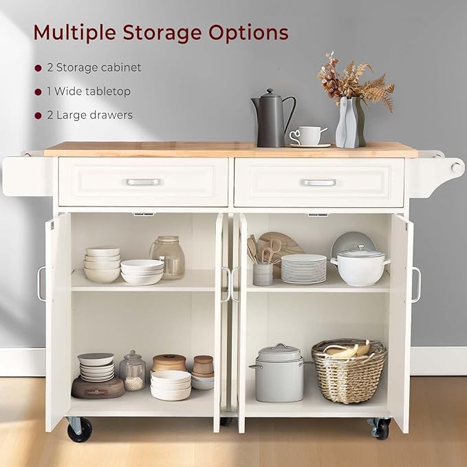 54" Rolling Kitchen Island on Wheels, Large Kitchen Island Cart with Storage Cabinet, Portable Wood Island Table for Kitchen with 2 Drawers and Spice Rack & Towel Rack, White - LeafyLoom