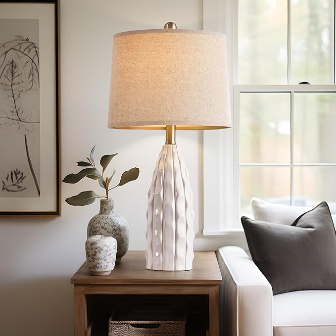 23.75" Modern White Ceramic Lamps Set of 2 for Living Room Study Room Office Dorm Farmhouse Nightstand, End Table Lamps - LeafyLoom