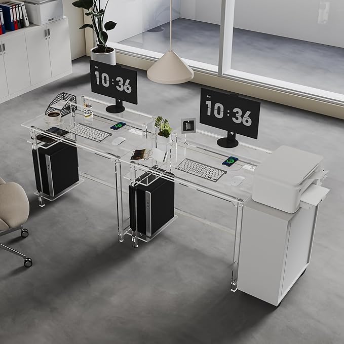 HMYHUM Acrylic Gaming Desk with LED Lights & Charging Station, Clear Computer Desk with Monitor Stand and Shelves, Home Office Desk with USB Ports & Outlet, 39.4" L x 19.7" W x 29.5" H - LeafyLoom