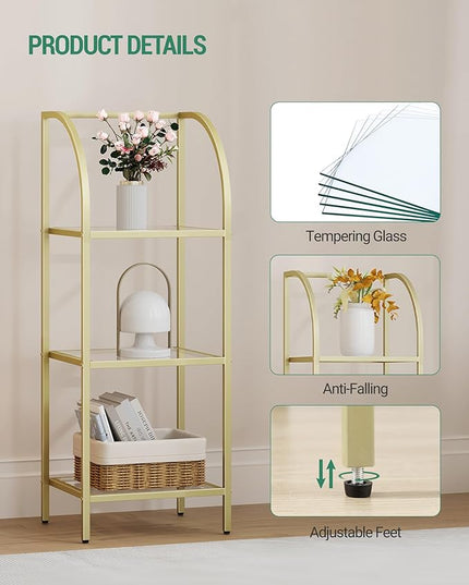 Bookcase Bookshelf, Tempered Glass Arched Bookshelf for More Storage, Slim Shelving Unit for Bedroom, Bathroom, Home Office, Steel Frame, 3 Tier Gold BC20399G - LeafyLoom