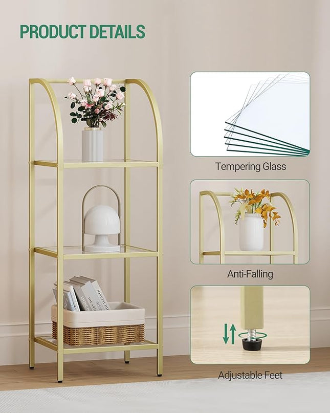 Bookcase Bookshelf, Tempered Glass Arched Bookshelf for More Storage, Slim Shelving Unit for Bedroom, Bathroom, Home Office, Steel Frame, 3 Tier Gold BC20399G - LeafyLoom