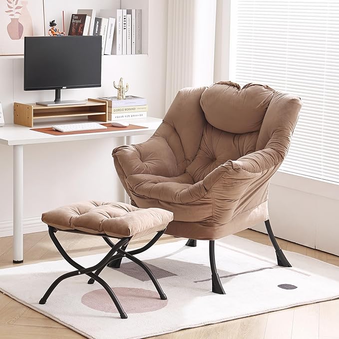 Lazy Chair with Ottoman, Modern Chair with Folding Footrest, Lounge Accent Chair, Comfortable Reading Chair, Oversized Armchairs for Bedroom, Study, Living Room, Courtyard (Khaki) - LeafyLoom