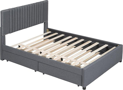 Full Size Linen Upholstered Platform Bed with 2 Drawers and Twin Size Trundle,Solid Wood Bed Frame w/Classic Headboard Design,for Bedroom,Apartment,Living Room,Gray - LeafyLoom