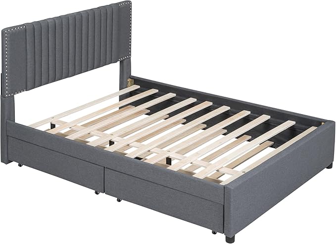 Full Size Linen Upholstered Platform Bed with 2 Drawers and Twin Size Trundle,Solid Wood Bed Frame w/Classic Headboard Design,for Bedroom,Apartment,Living Room,Gray - LeafyLoom