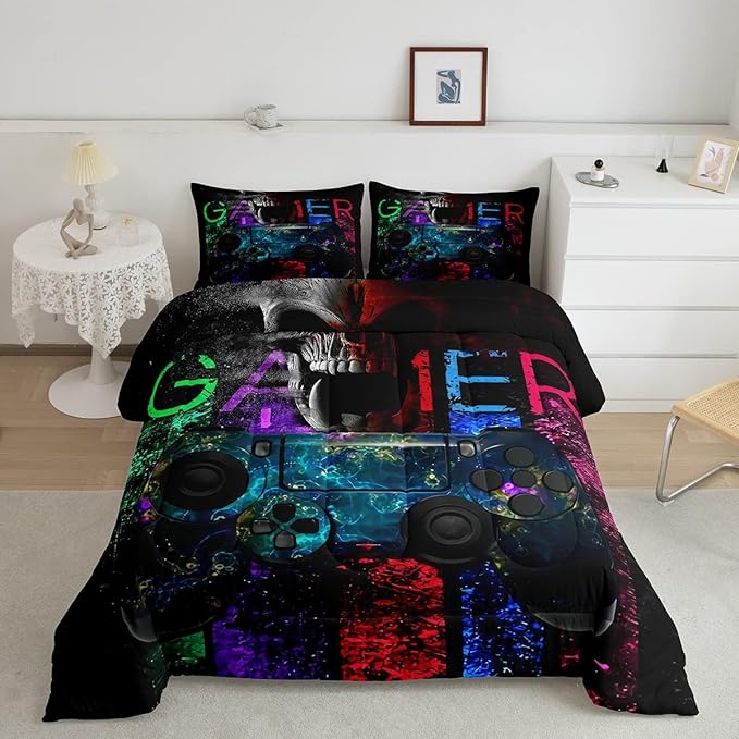 Gamer Bedding Sets for Boys, Gaming Down Comforter Queen Size, Gamer Room Decor Bedding Kids Video Games Comforter Set, Sugar Skull Gamepad Duvet Sets for Men Bedroom,with 2 Marble Pillow Sham - LeafyLoom