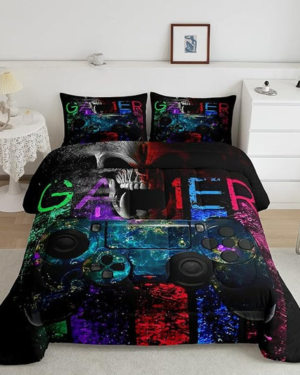 Gamer Bedding Sets for Boys, Gaming Down Comforter Twin Size, Gamer Room Decor Bedding Kids Video Games Comforter Set, Sugar Skull Gamepad Bed Duvet Sets for Men Bedroom,with 1 Marble Pillow Sham - LeafyLoom