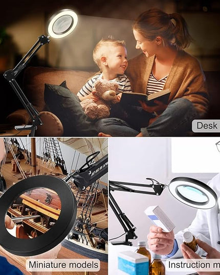 10X Magnifying Glass with Light, Krstlv Real Glass Lens Desk Lamp & Clamp, 3 Color Modes Stepless Dimmable, Hands Free LED Lighted Magnifier with Light and Stand for Reading Crafts Repair Close Works - LeafyLoom