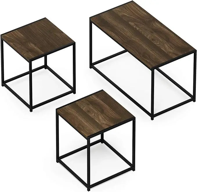 Furinno Camus Modern Living Room Coffee Table with 2 End Tables Set, Columbia Walnut - LeafyLoom