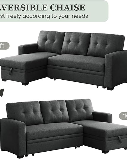L Shape Sleeper Sofa Bed with Storage, Large Full Size Pull Out Sectional Couch, Futon Chaise Lounge Recliner for Living Room, Apartment, Bedroom, Office, Dark grey - LeafyLoom