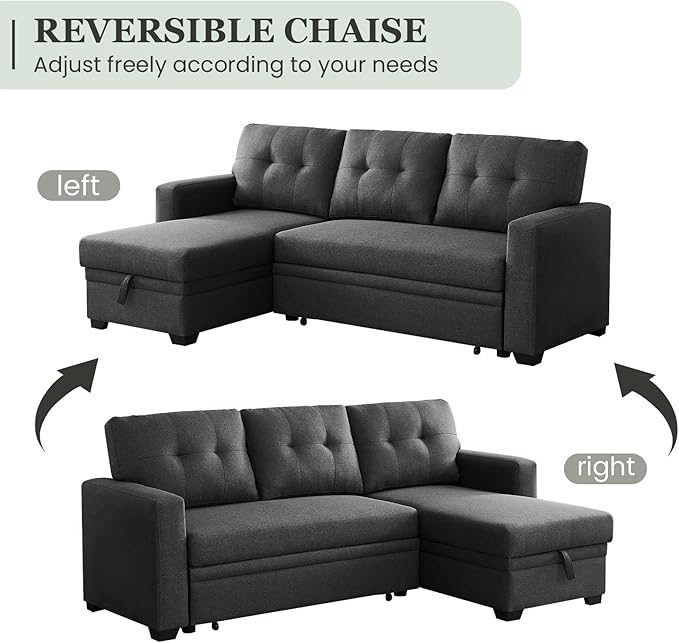 L Shape Sleeper Sofa Bed with Storage, Large Full Size Pull Out Sectional Couch, Futon Chaise Lounge Recliner for Living Room, Apartment, Bedroom, Office, Dark grey - LeafyLoom
