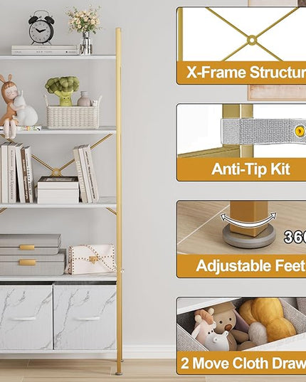 5 Tier Industrial Bookcase Shelf for Bedroom/Living Room/Home Office,Rustic Tall Storage Rack with 2 Drawers,Open Display Standing Shelf Units Shelves for Books and Movies, 22.4 in (Gold,2 Drawers) - LeafyLoom