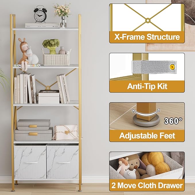 5 Tier Industrial Bookcase Shelf for Bedroom/Living Room/Home Office,Rustic Tall Storage Rack with 2 Drawers,Open Display Standing Shelf Units Shelves for Books and Movies, 22.4 in (Gold,2 Drawers) - LeafyLoom
