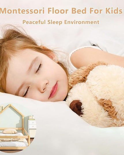 Bellemave Twin Size House-Shaped Headboard Floor Bed with Fence,Wooden Montessori Floor Bed for Kids,House Bed Twin Frame for Girls,Boys (Natural) - LeafyLoom