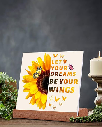 TIKTREE Inspirational Gifts for Women, Let Your Dreams Be Your Wings Positive Sign, Sunflower Motivational Gifts, Cheer Up Gifts for Women, Home Office Desk Decor with Wood Base - LeafyLoom