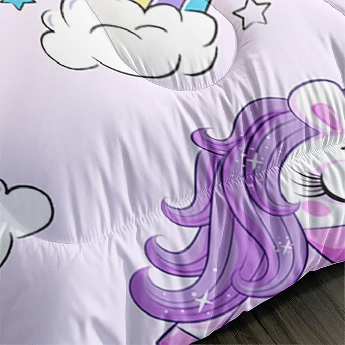 Axolotl Purple Unicorn Comforter Set Twin Size,Girls Bedding Set,Cute Unicorn Rainbow Bedding Set with Stars for Kids Girls Teens Adults Women,1 Comforter with 2 Pillowcase Unicorn Gifts for Girls - LeafyLoom