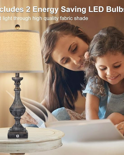 AKASUKI 27.5 Inch Drak Grey Farmhouse Table Lamps for Living Room Set of 2 with USB and Type-C Port, 3-Way Dimmable Table Lamps for Bedroom Vintage Rustic Bedside Lamps for bedrooms(Bulbs Included) - LeafyLoom
