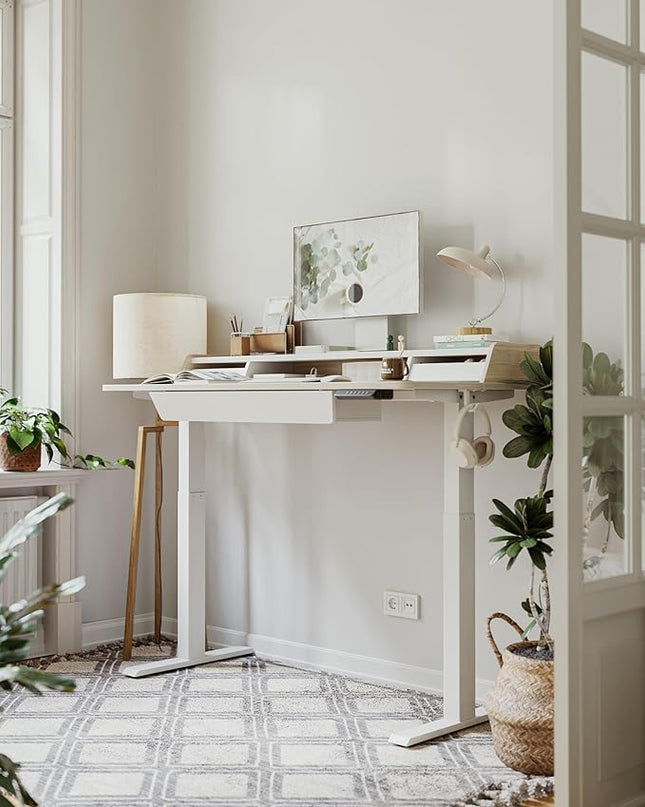 BANTI Height Adjustable Electric Standing Desk with Three Drawers, 48 x 25 Inch Table with Storage Shelf, Sit Stand Desk with Storage Space, Splice Board with White Frame/Light Walnut Top, 48 inch - LeafyLoom