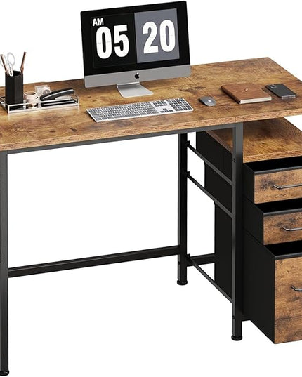 Ｍａｉｈａｉｌ Maihail Small Desk with Drawers, 40 inch Computer Desk with Shelves, Writing Desk with Storage, Small Office Desk with Metal Frame, Rustic Brown2 - LeafyLoom