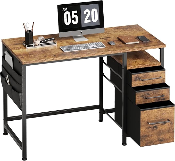 Ｍａｉｈａｉｌ Maihail Small Desk with Drawers, 40 inch Computer Desk with Shelves, Writing Desk with Storage, Small Office Desk with Metal Frame, Rustic Brown2 - LeafyLoom