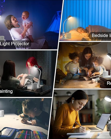 Cute Kids Desk Lamp 2000mAh Rechargeable Kawaii Desk Lamp with Star Projection & Pen Holder, Aesthetic Kids Bedside Lamp with Flexible Gooseneck/ 3 Level Brightness/Eye-Caring for Reading, Study - LeafyLoom