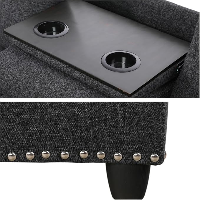 L Shaped Sofa with Ottoman Modern Nail-Head Design Linen Facing Sectional Couches with Cup Holder for Living Room, Bedroom, Office, Dark Grey with Right Chaise - LeafyLoom