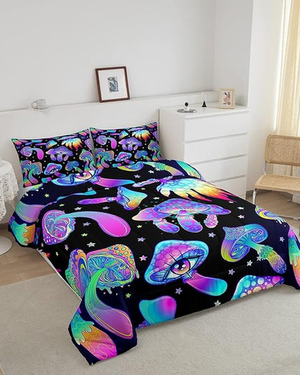 Mushroom Comforter Set Twin,Kawaii Trippy Botanical Bedding Set Psychedelic Plant Down Comforter For Kids Girls Teens Women Cartoon Cute Mushroom Room Decor Quilt Duvet Set With 1 Pillow Case Black - LeafyLoom