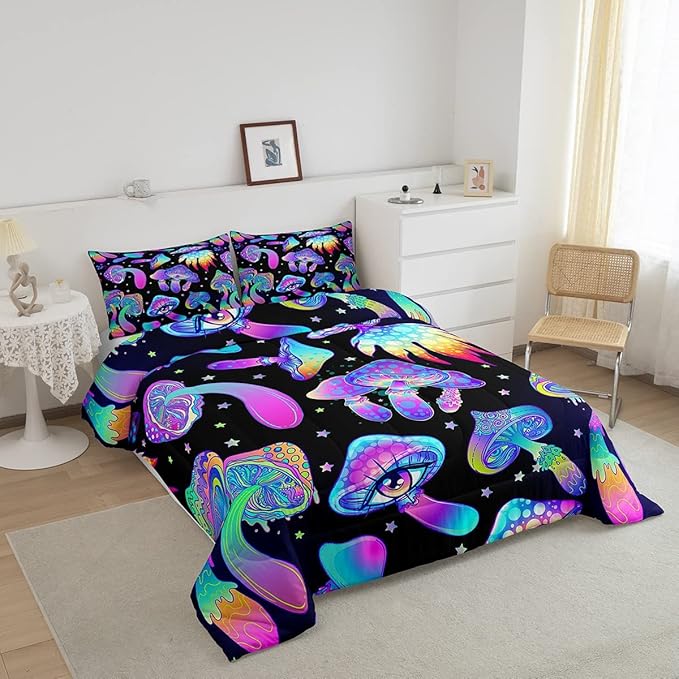 Mushroom Comforter Set Twin,Kawaii Trippy Botanical Bedding Set Psychedelic Plant Down Comforter For Kids Girls Teens Women Cartoon Cute Mushroom Room Decor Quilt Duvet Set With 1 Pillow Case Black - LeafyLoom
