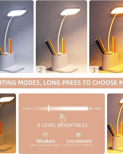 Study Lamp, Rechargeable LED Desk Lamp with Pen Holder, 8 Brightness Desk Lamp with USB Charging Port, Dimmable Reading Light Table Lamp for Kids - LeafyLoom