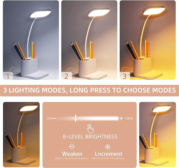 Study Lamp, Rechargeable LED Desk Lamp with Pen Holder, 8 Brightness Desk Lamp with USB Charging Port, Dimmable Reading Light Table Lamp for Kids - LeafyLoom