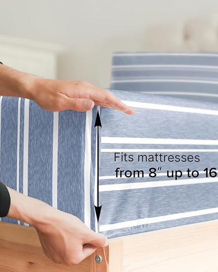 Full Size 4 Piece Sheet Set - Comfy Breathable & Cooling Sheets - Hotel Luxury Bed Sheets for Women & Men - Deep Pockets, Easy-Fit, Soft & Wrinkle Free Sheets - Blue Stripes Oeko-Tex Bed Sheet Set - LeafyLoom