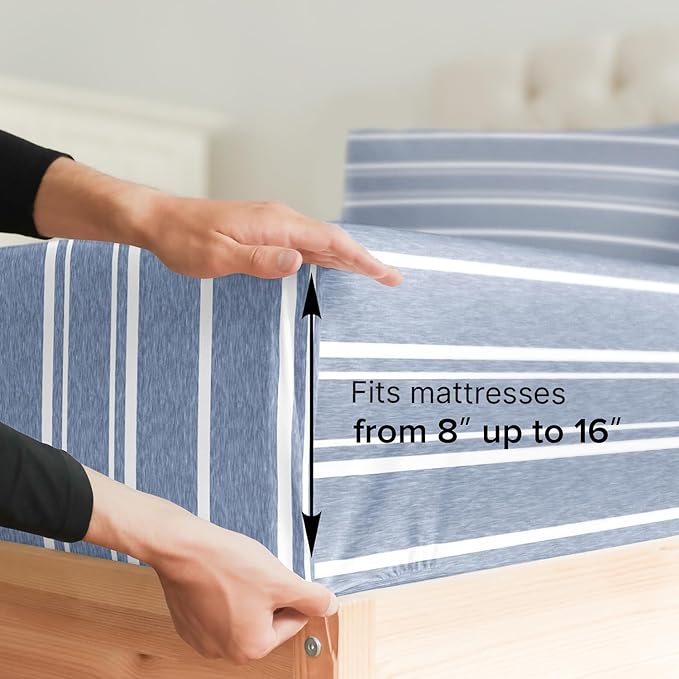 Full Size 4 Piece Sheet Set - Comfy Breathable & Cooling Sheets - Hotel Luxury Bed Sheets for Women & Men - Deep Pockets, Easy-Fit, Soft & Wrinkle Free Sheets - Blue Stripes Oeko-Tex Bed Sheet Set - LeafyLoom