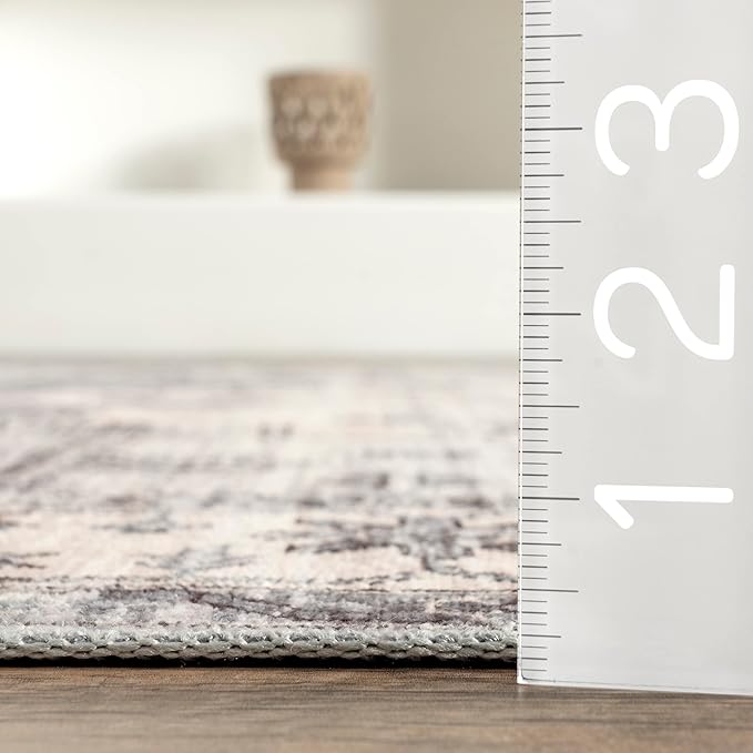 nuLOOM 4x6 Machine Washable Rain Haven Vintage Medallion Area Rug, Light Grey, Traditional Faded Design, Non-Slip Backing, Stain Resistant, For Bedroom, Dining Room, Living Room, Kitchen - LeafyLoom