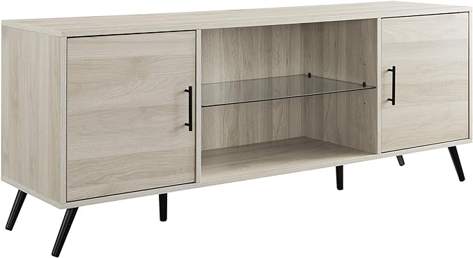 Walker Edison Saxon Mid Century Modern Glass Shelf TV Stand for TVs up to 65 Inches, 60 Inch, Birch - LeafyLoom