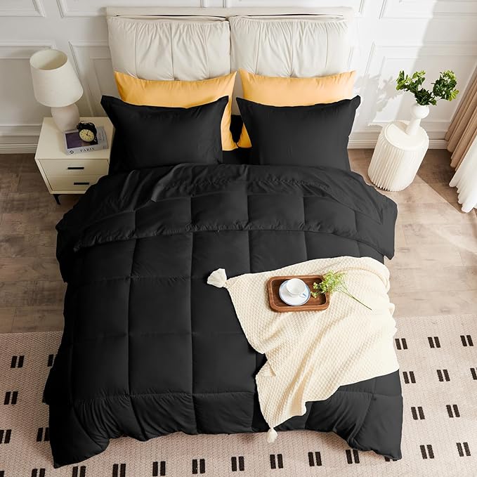King Size Comforter Set - 3 Pieces, 1 Reversible Comforter and 2 Pillowcases,Soft Quilted Warm Fluffy Cooling Bedding for All Season,Black - LeafyLoom