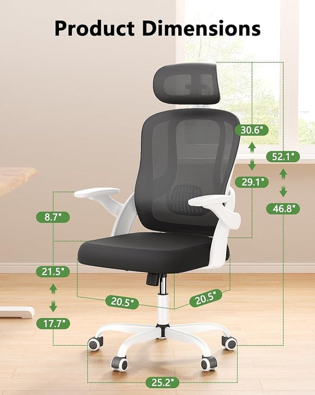 Home Office Desk Chairs, High Back Ergonomic Computer Chair with Flip-up Armrests, Lumbar Support, Mesh Executive Task Chair with Adjustable Headrest, White - LeafyLoom