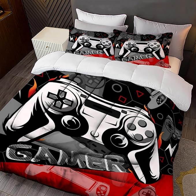 Sunnycitron Red Gamer Comforter Set for Boys Gaming Bedding Set Teens Game Room Decor Twin (1 Comforter + 2 Pillowcase) - LeafyLoom
