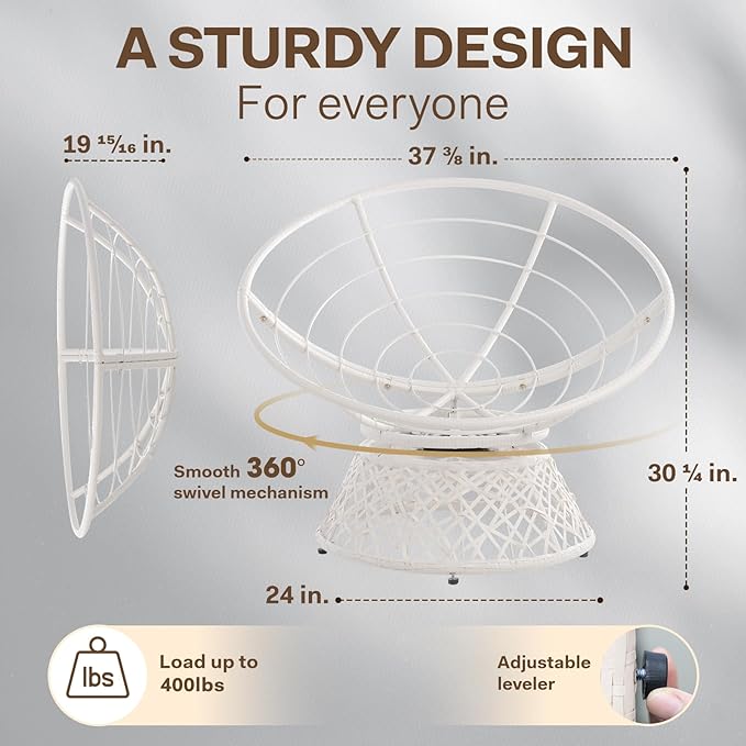 Bme 40" Ergonomic Wicker Papasan Chair with Soft Thick Density Fabric Cushion, High Capacity Steel Frame, 360 Degree Swivel for Living, Bedroom, Reading Room, Lounge, Serene Oasis - White Base - LeafyLoom