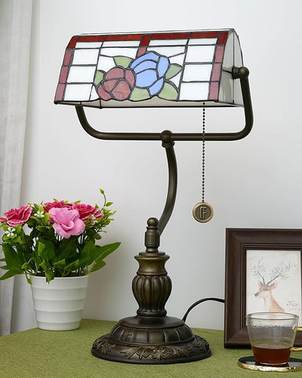 Bankers Lamp,Stained Glass Lamp,Dimmable Vintage Desk Lamp for Home Office Workplace Nightstand Bedroom Library Piano LED Bulb Included (roses) - LeafyLoom