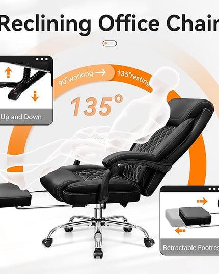 Office Chair, Executive Leather Chair Adjustable High Back, Ergonomic Computer Desk Chair Lumbar Support, Big and Tall Office Chair with Footrest, Comfy Reclining Chair for Home Office - LeafyLoom