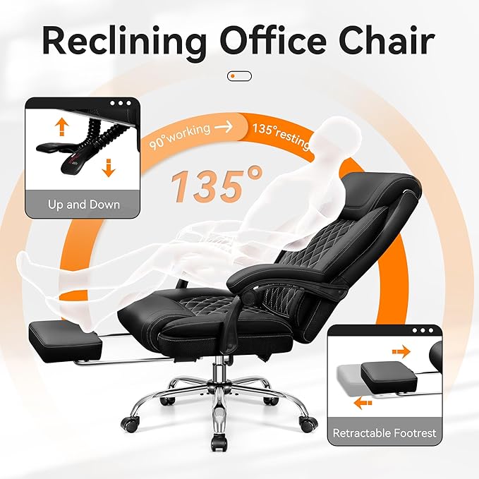 Office Chair, Executive Leather Chair Adjustable High Back, Ergonomic Computer Desk Chair Lumbar Support, Big and Tall Office Chair with Footrest, Comfy Reclining Chair for Home Office - LeafyLoom