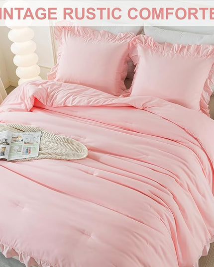Andency Pink Ruffle Comforter King, 3 Pieces Solid Farmhouse Shabby Chic Comforter, Vintage Rustic Lightweight Soft Microfiber Bedding Set All Season (104x90Inch Comforter) - LeafyLoom