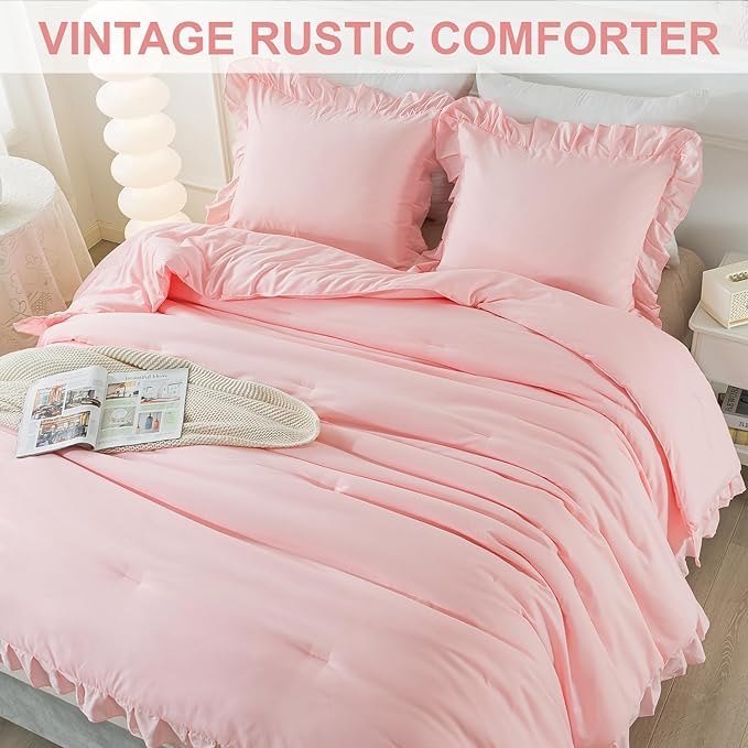 Andency Pink Ruffle Comforter King, 3 Pieces Solid Farmhouse Shabby Chic Comforter, Vintage Rustic Lightweight Soft Microfiber Bedding Set All Season (104x90Inch Comforter) - LeafyLoom