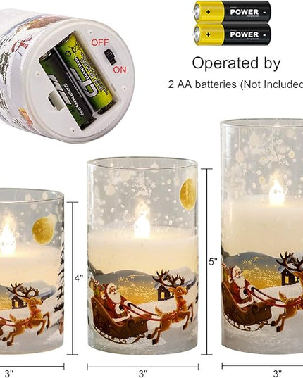 DRomance Santa Claus Glass Flameless Candles Battery Operated Remote and Timer Real Wax LED Flickering Pillar Candles White Cold Light Window Christmas Holiday Decor D3 x H4, 5", 6" DRomance