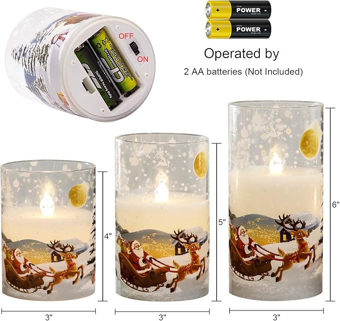 DRomance Santa Claus Glass Flameless Candles Battery Operated Remote and Timer Real Wax LED Flickering Pillar Candles White Cold Light Window Christmas Holiday Decor D3 x H4, 5", 6" DRomance