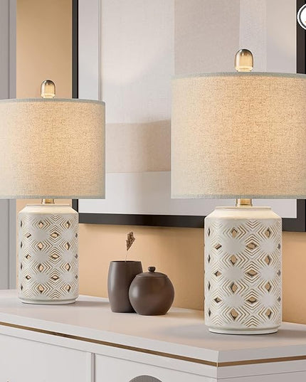 PORTRES 18.5" Farmhouse Medieval Ceramic Table Lamp Set of 2 for Bedroom Living Room Rustic Rural Bedside Nightstand End Table Desk Lamps for Study Room Office Dorm - LeafyLoom