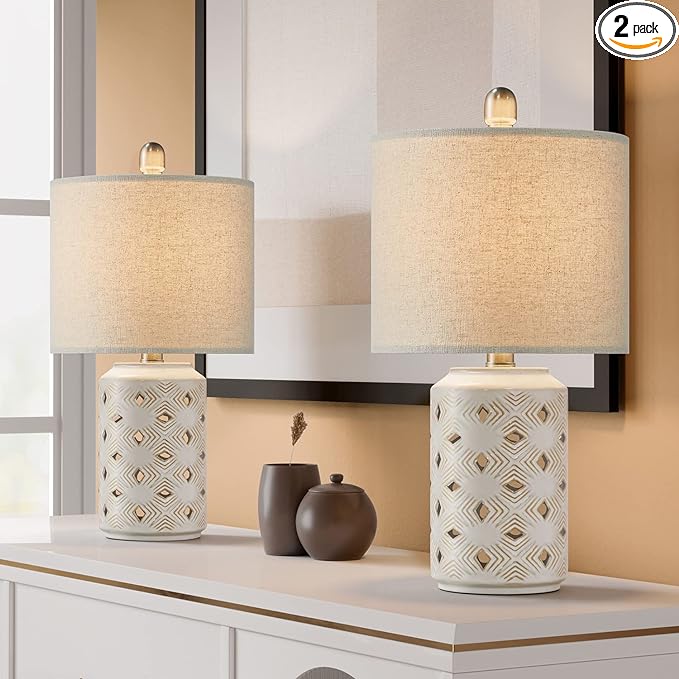 PORTRES 18.5" Farmhouse Medieval Ceramic Table Lamp Set of 2 for Bedroom Living Room Rustic Rural Bedside Nightstand End Table Desk Lamps for Study Room Office Dorm - LeafyLoom