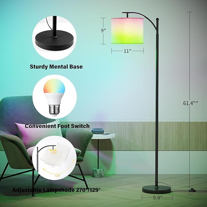 SUNMORY ARC Floor lamp, Smart APP Remote Control Standing floor lamp with RGB Bulb, Tall Lamp with Hanging Lampshade, Dimmable Floor Lamp, Modern Floor Lamps for Living Room, Bedroom, Office - LeafyLoom