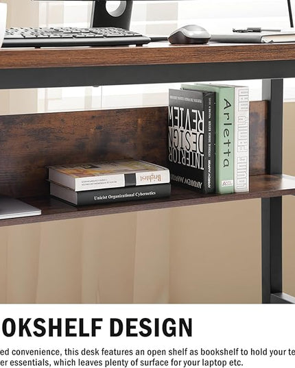 TOPSKY Computer Desk with Bookshelf/Metal Hole Cable Cover 1.18" Thick Desk (Rustic Brown, 63") - LeafyLoom