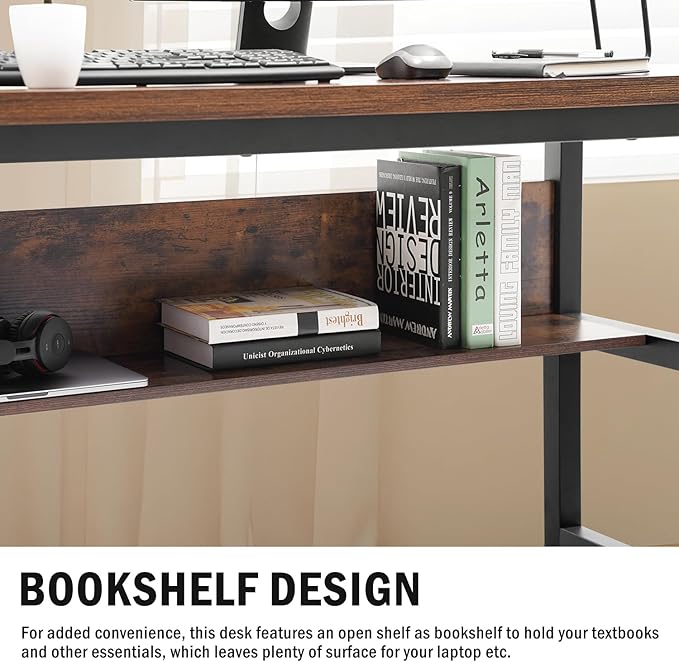 TOPSKY Computer Desk with Bookshelf/Metal Hole Cable Cover 1.18" Thick Desk (Rustic Brown, 63") - LeafyLoom